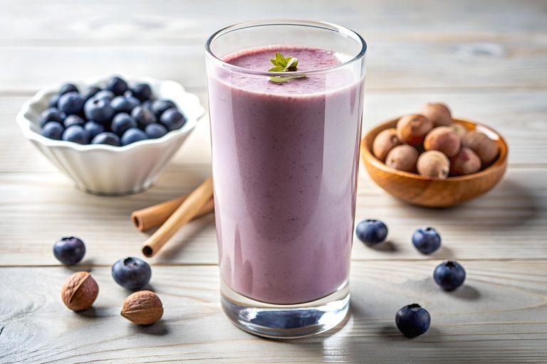 Blueberry smoothie in a glass, garnished with a mint leaf, surrounded by fresh blueberries and macadamia nuts.