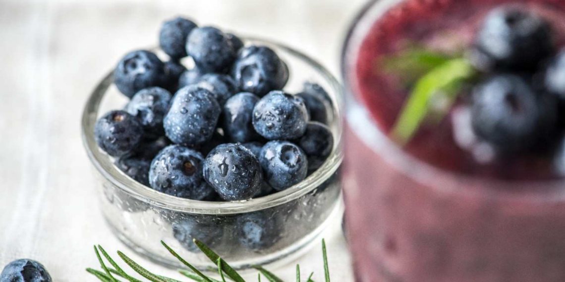 Fresh blueberries in a glass bowl beside a blueberry smoothie garnished with rosemary.