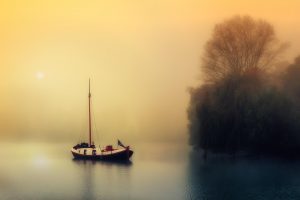 Sailboat on misty lake at sunrise near trees.