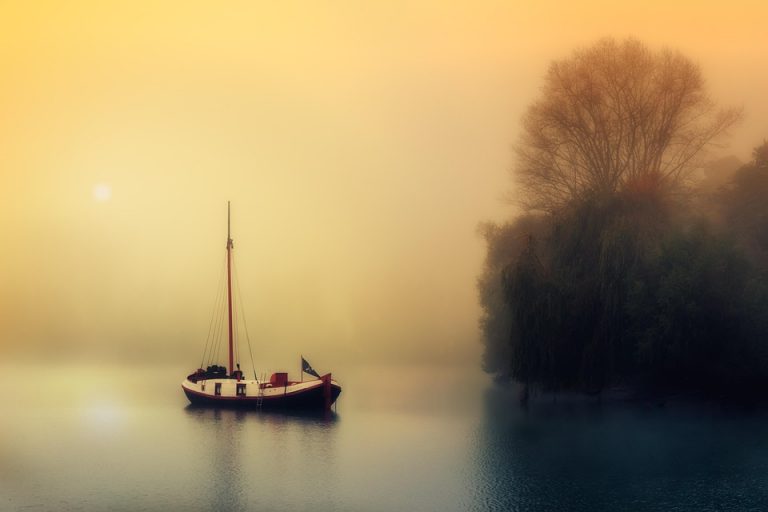 Sailboat on misty lake at sunrise near trees.