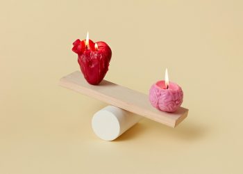 Heart and brain candles balancing on a wooden plank.