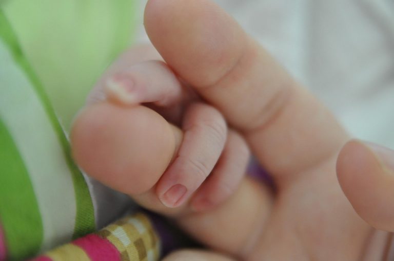 Adult holding a baby's hand gently.
