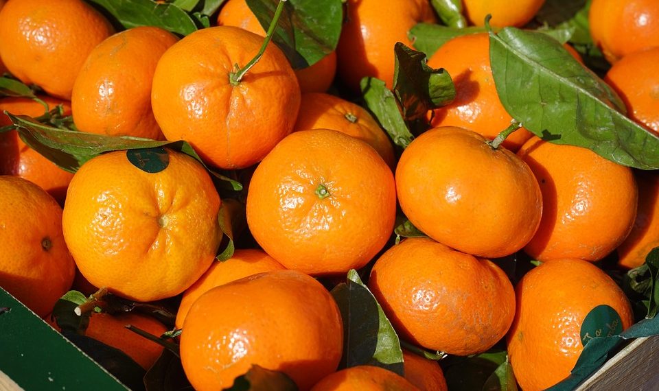 Fresh oranges with green leaves in a box.