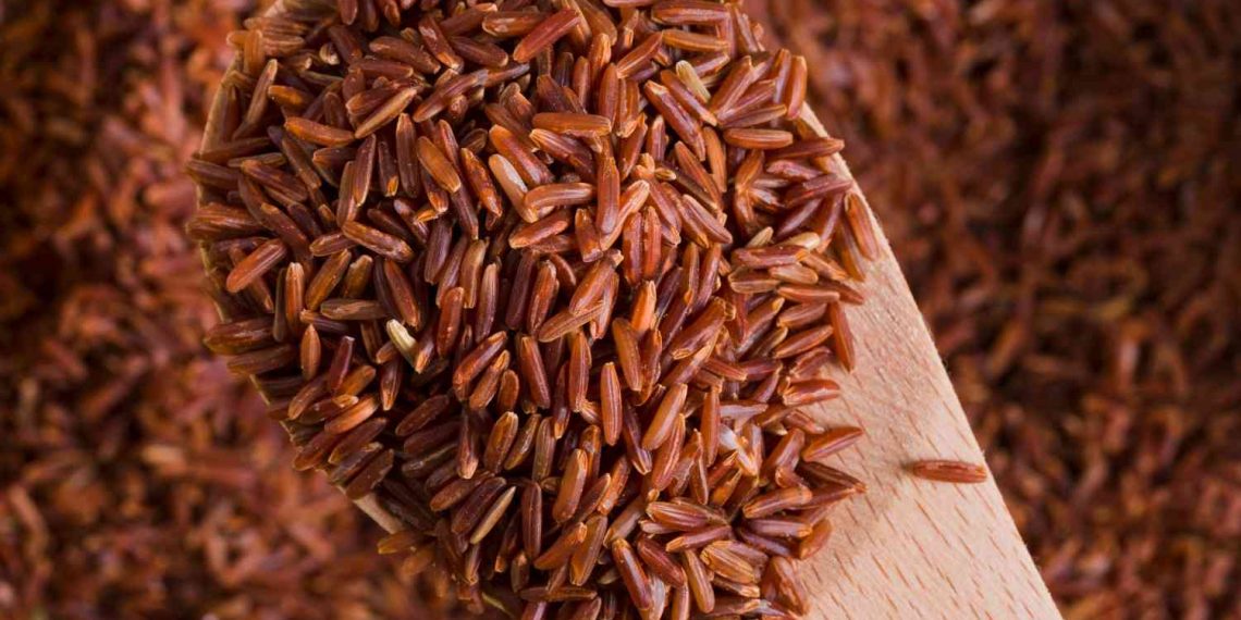 Spoonful of red rice grains spilling over a table.