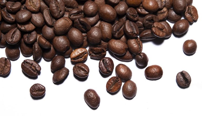 Roasted coffee beans scattered on white background.