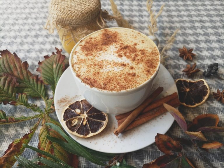 Creamy spiced latte with cinnamon and dried orange.