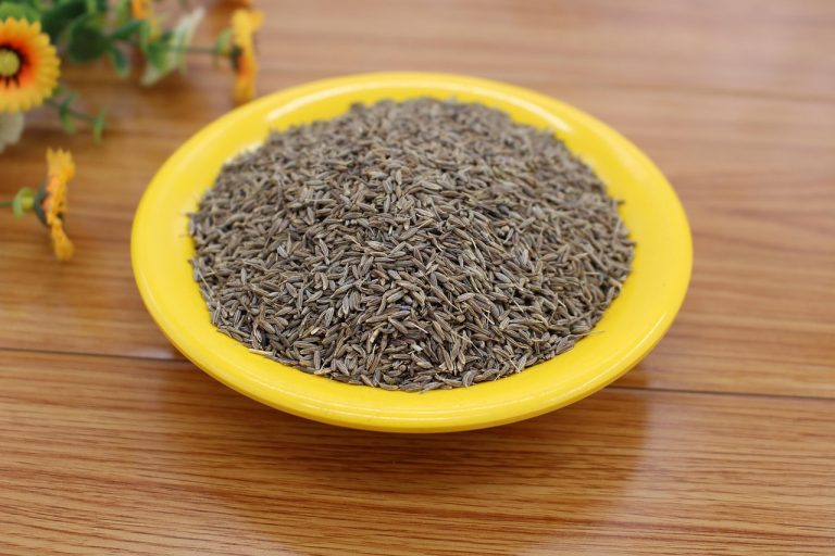 Cumin seeds on yellow plate, ideal for flavorful cooking.