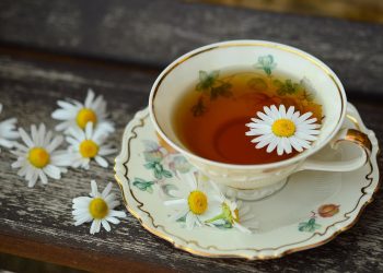 Tea cup with chamomile flowers on wooden table.