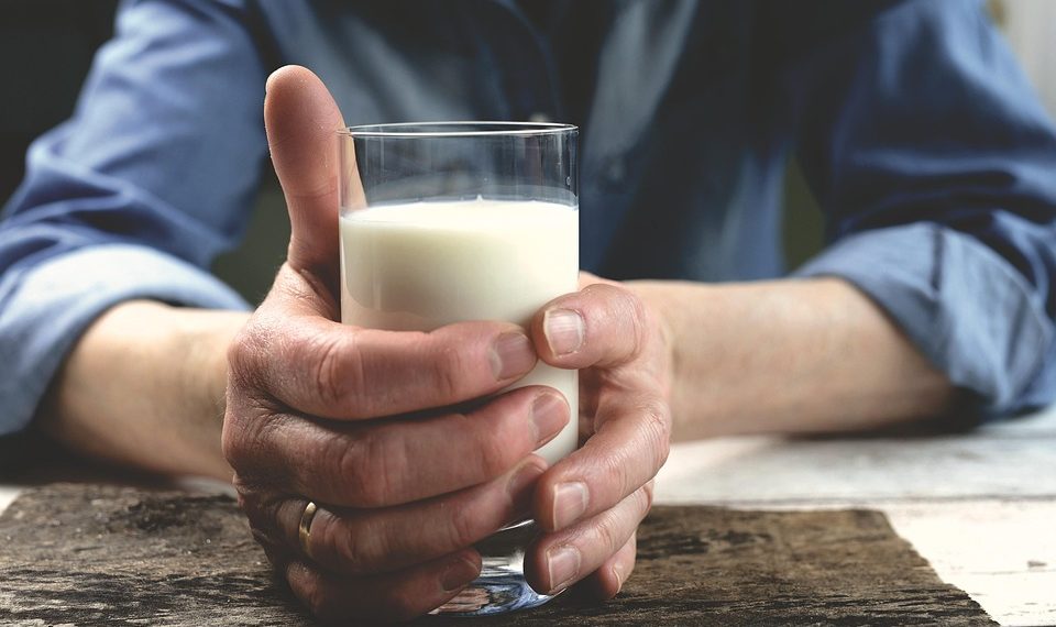 Hands holding a glass of fresh milk.