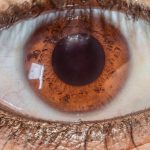 Close-up of a brown eye highlighting intricate iris patterns.