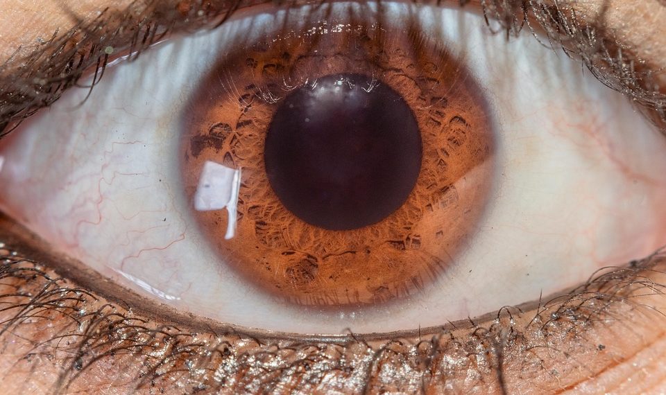 Close-up of a brown eye highlighting intricate iris patterns.