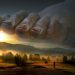 Giant stone foot hovering over misty landscape at sunrise.