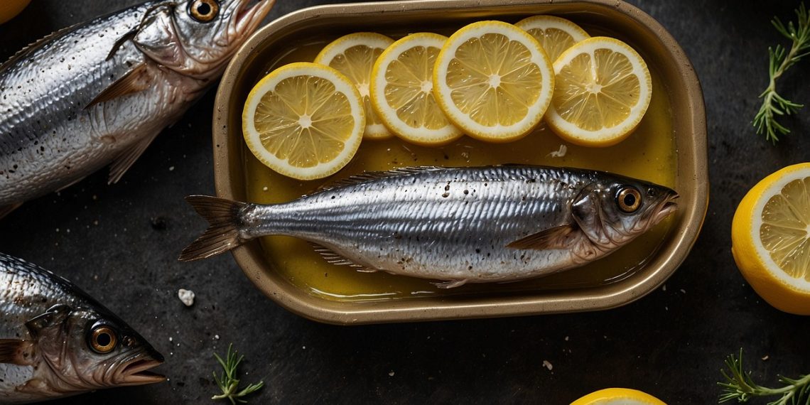 Fresh fish garnished with lemon slices in a tray, surrounded by whole lemons.