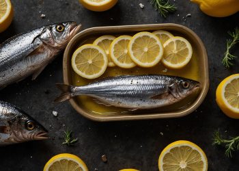 Fresh fish garnished with lemon slices in a tray, surrounded by whole lemons.