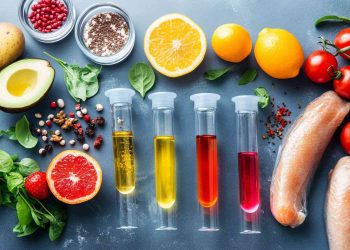 Fresh ingredients and colorful liquids in test tubes on a kitchen surface.