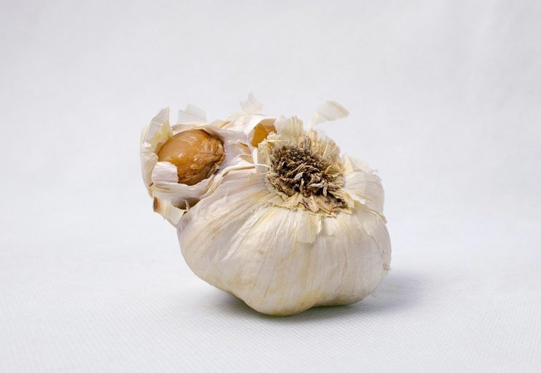 Garlic bulb with peeled cloves exposed.