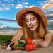 Woman admiring fresh vegetables at a table in a field.
