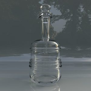 Glass decanter reflecting in low light setting.