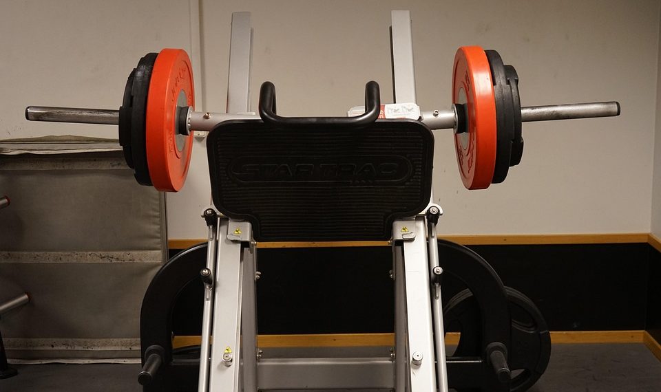 Barbell setup on gym squat machine.