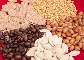 Assorted seeds and grains on red background.