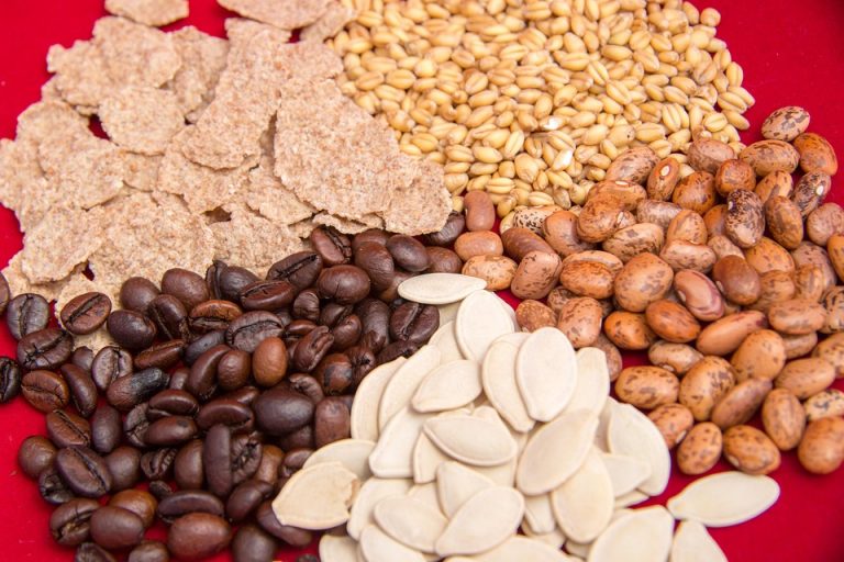 Assorted seeds and grains on red background.