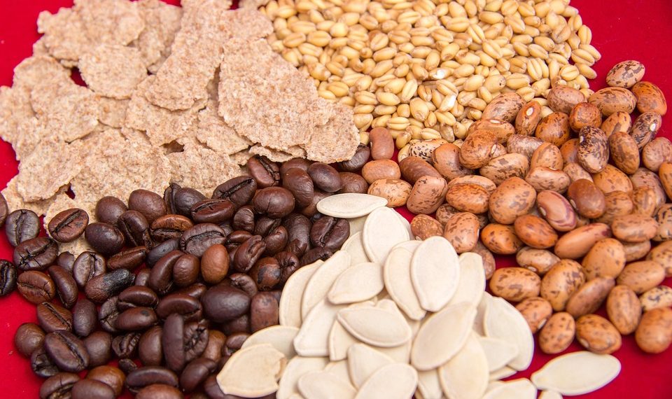 Assorted seeds and grains on red background.