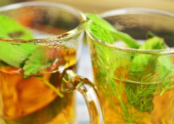 Herbal tea with fresh mint leaves in glass cups.