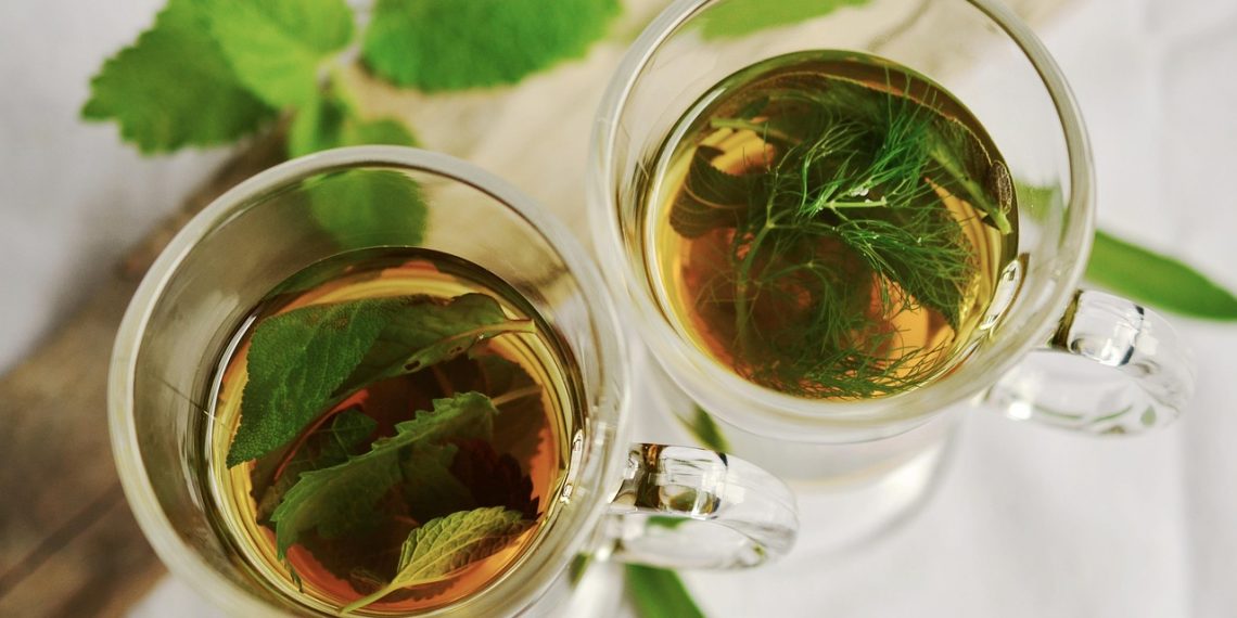 Two cups of herbal tea with fresh mint leaves floating.
