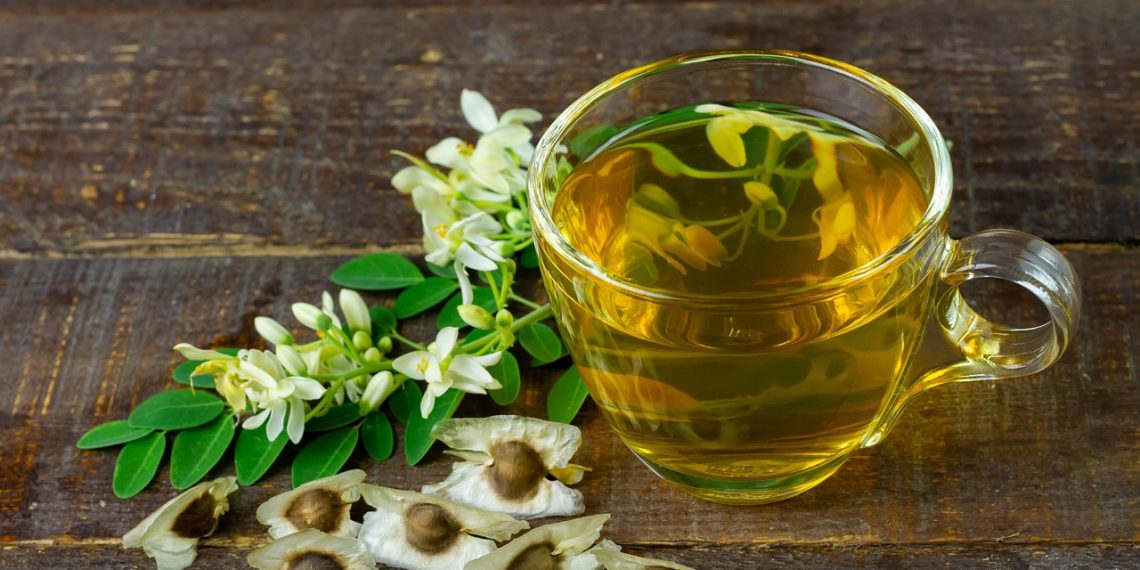 Cup of moringa tea with moringa leaves and seeds on a wooden table.