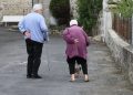 Elderly couple walking with a small dog on a village street.