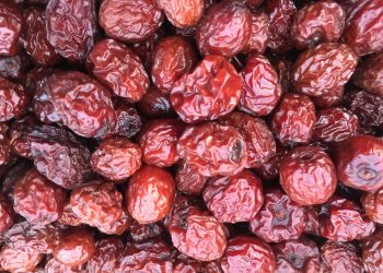Dried red jujubes in a heap, showcasing their rich texture and vibrant color.