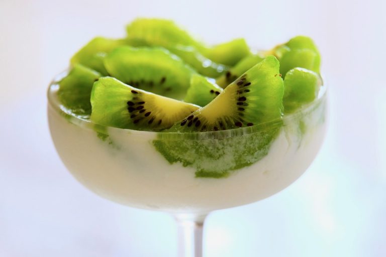 Kiwi slices topping creamy dessert in a clear glass dish.