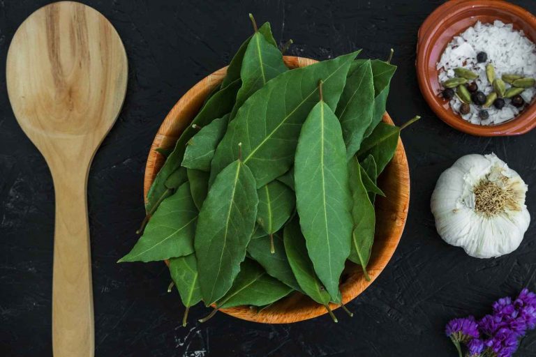 Bay leaves in a wooden bowl next to garlic and spices.