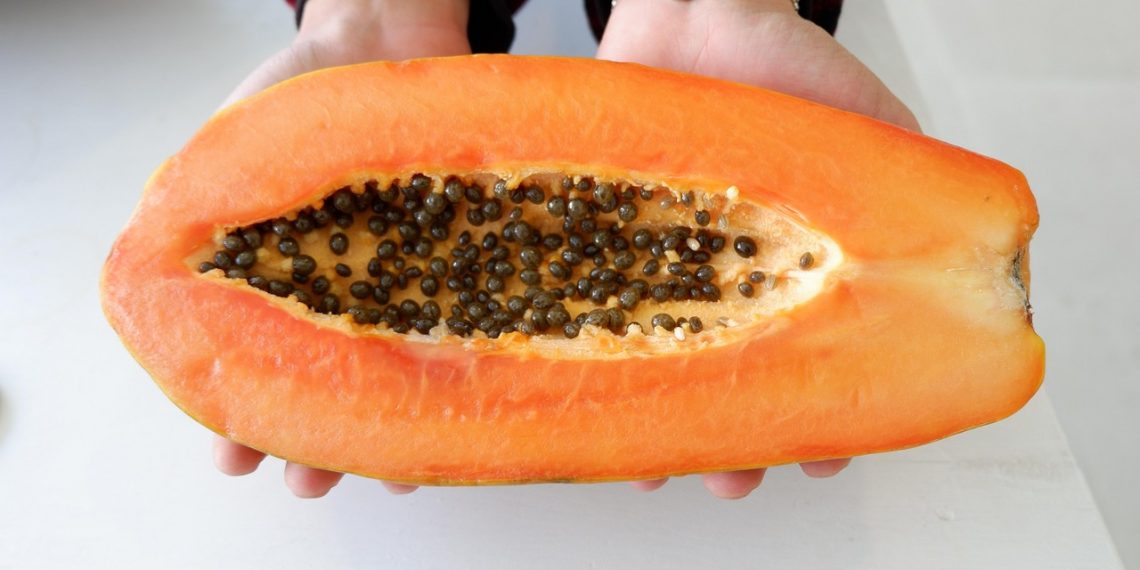 Hands holding a ripe papaya with seeds inside.