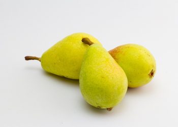 Three fresh yellow pears on a white background.