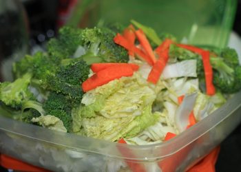 Fresh mixed vegetables in a container, including broccoli, carrots, and cabbage.