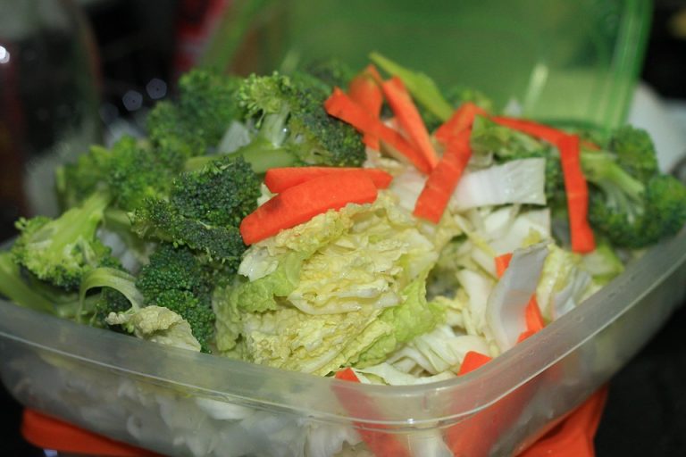 Fresh mixed vegetables in a container, including broccoli, carrots, and cabbage.