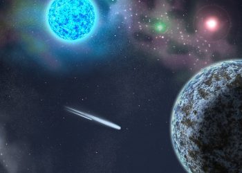 Colorful cosmic scene with bright stars and planets in space.