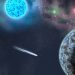 Colorful cosmic scene with bright stars and planets in space.