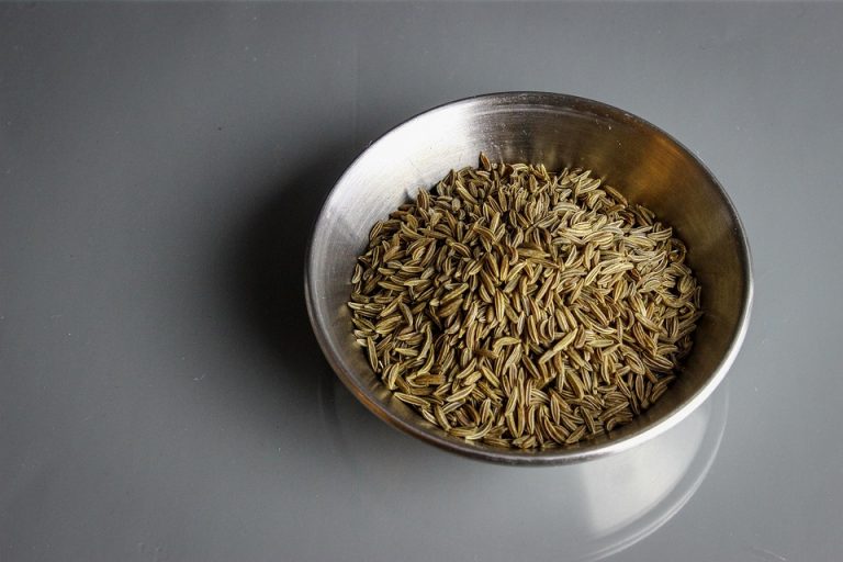 Bowl filled with cumin seeds on a gray surface.