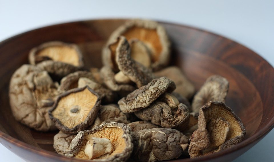 Dried shiitake mushrooms in a wooden bowl.