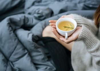 Hands holding herbal tea mug on cozy blanket.