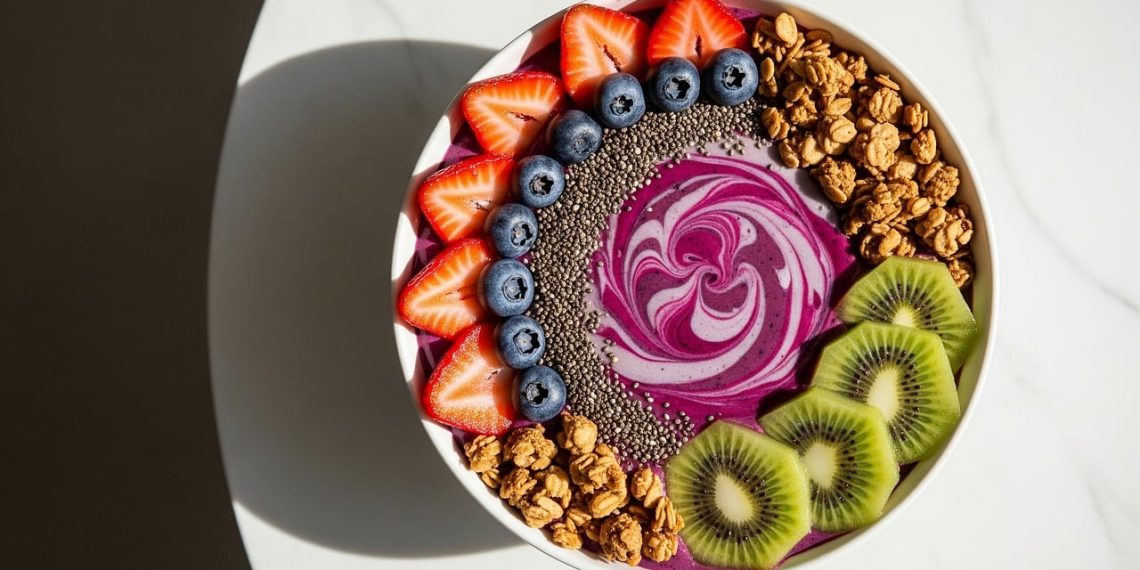 Berry smoothie bowl with kiwi, strawberries, blueberries, granola, and chia seeds.