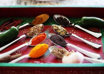 Spoons filled with colorful spices and herbs on a red tray.