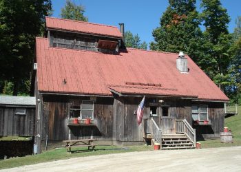 Rustic cabin with red roof and American flag, surrounded by trees.