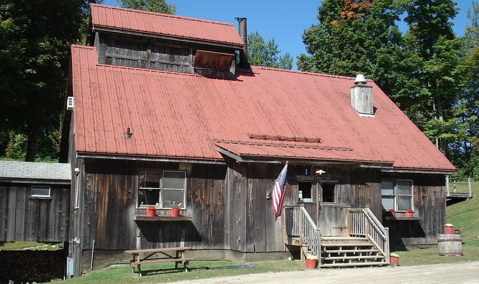 Rustic cabin with red roof and American flag, surrounded by trees.