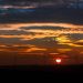 Wind turbines silhouetted against a vibrant sunset.