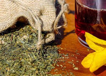 Loose leaf tea beside a glass of liquid and orange peel.