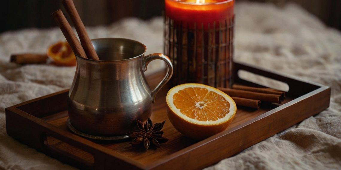 Cinnamon sticks and orange on tray with lit candle.
