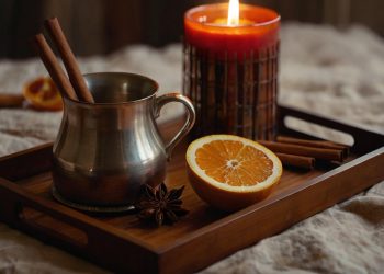Cinnamon sticks and orange on tray with lit candle.